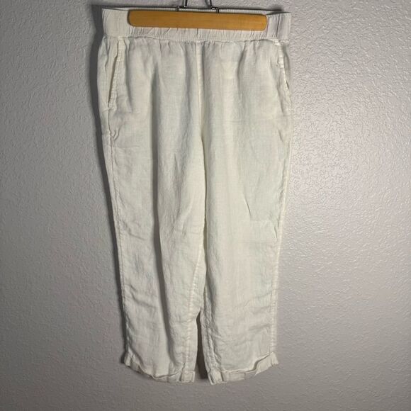 Rachel Roy White Linen Ankle Pant Pockets Elastic Waist Casual Relaxed Size L - Picture 1 of 10
